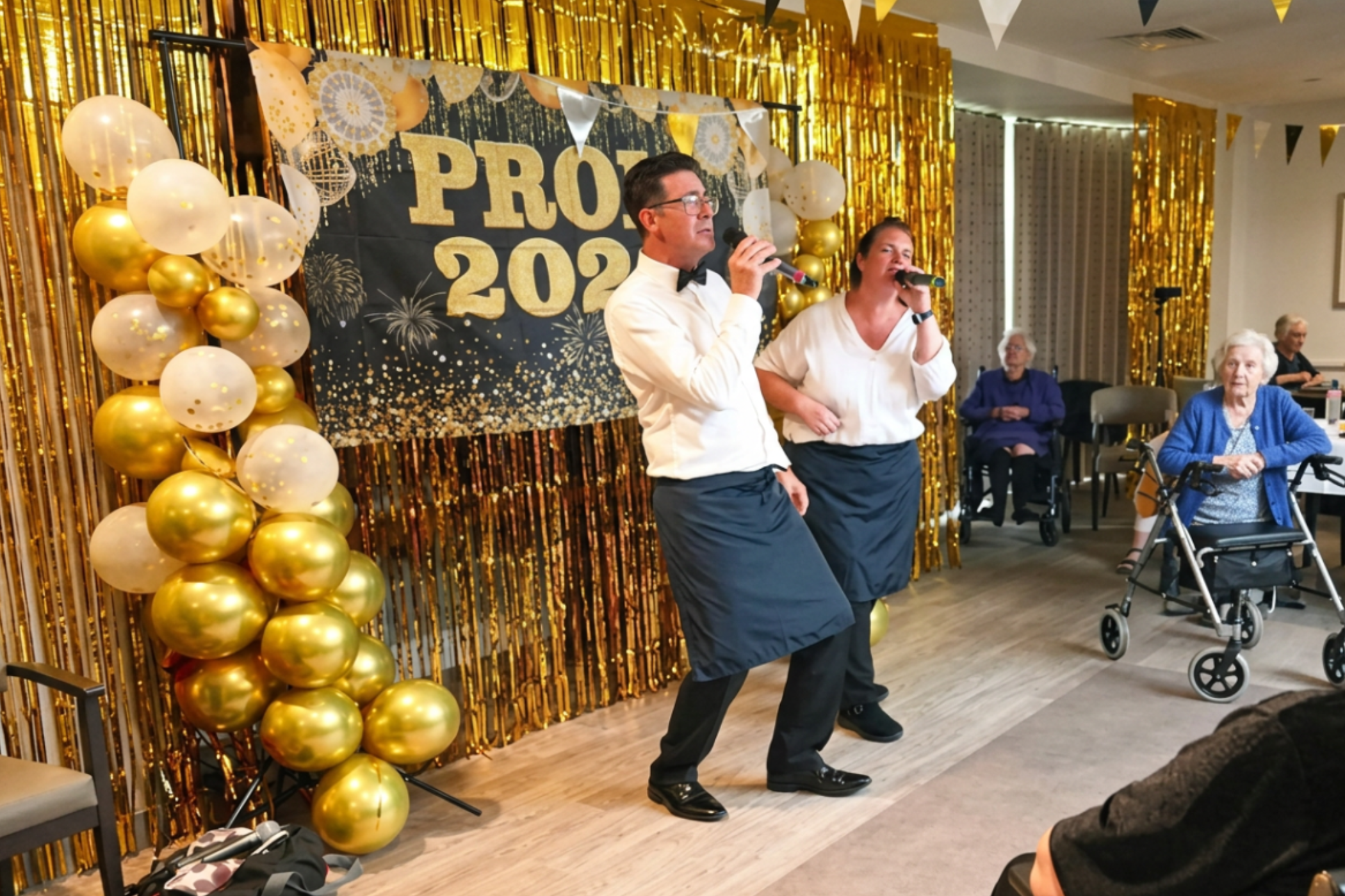 Prom night with gold balloons and decorations