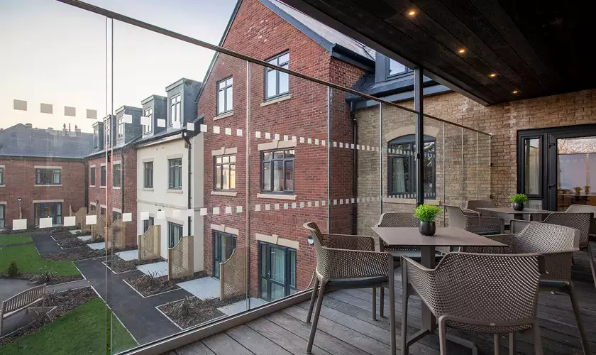 balcony view over garden at Meryton care home in Keynsham.
